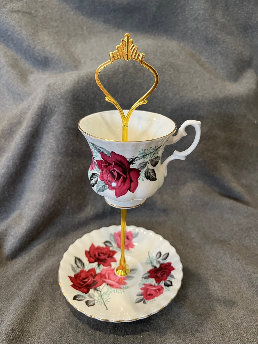 Handcrafted Vtg Royal Albert China 2-tiered Tea Cup/Saucer Trinket Holder